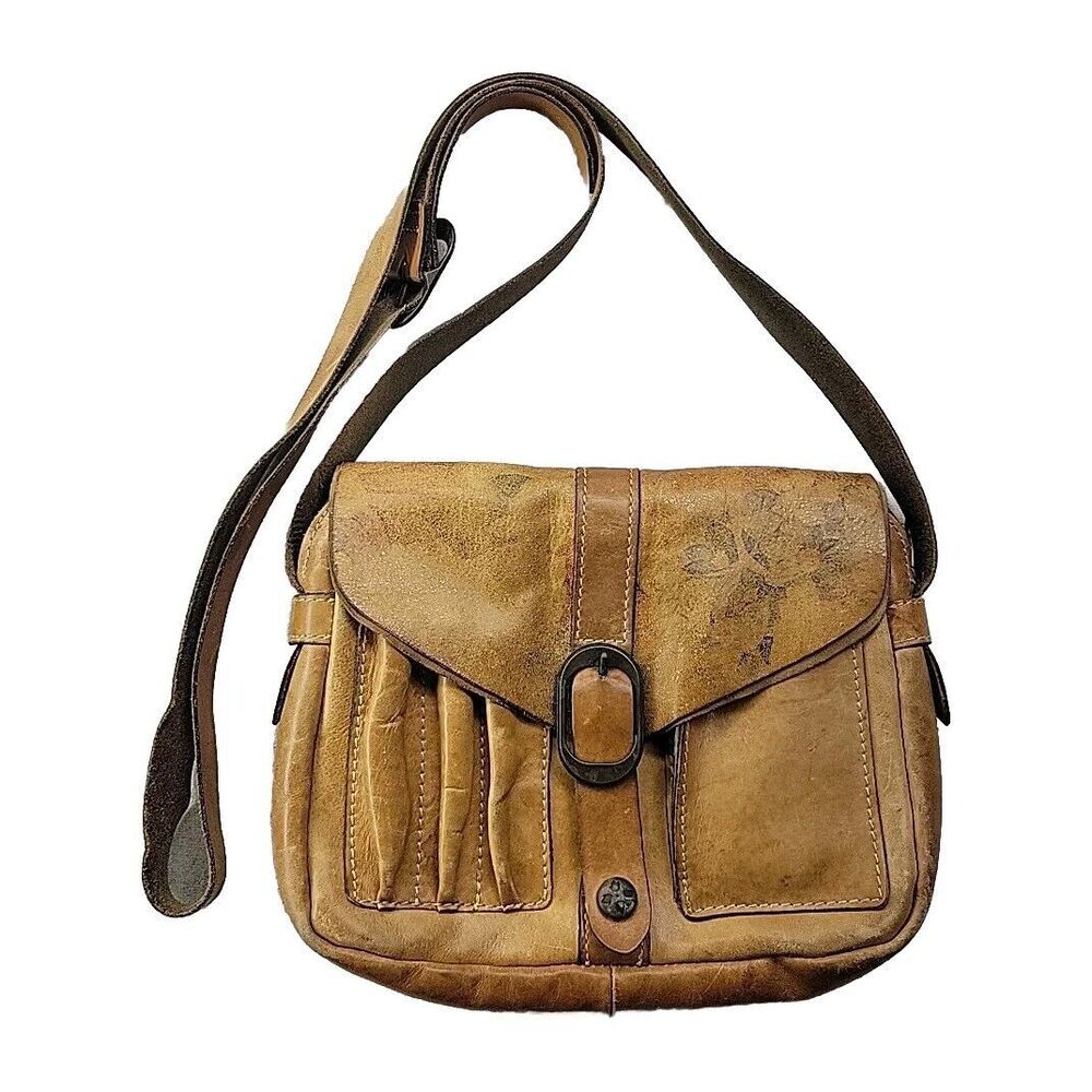 Patricia Nash Floral Distressed Tan Leather Crossbody Bag Satchel Boho Flap Over
